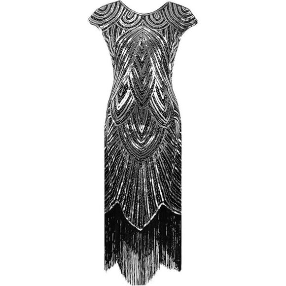 ✨ Flapper Great Gatsby Roaring 1920s Retro Tassel Fringe Silver Sequin Dress NEW - Picture 14 of 17